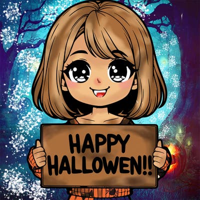 realistic girl holding a sign that says happy halloween!!! and is really happy