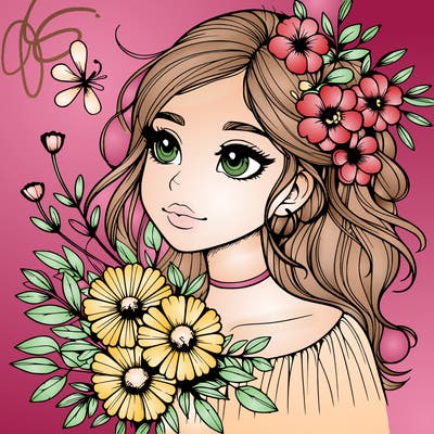 realistic girl with flowers