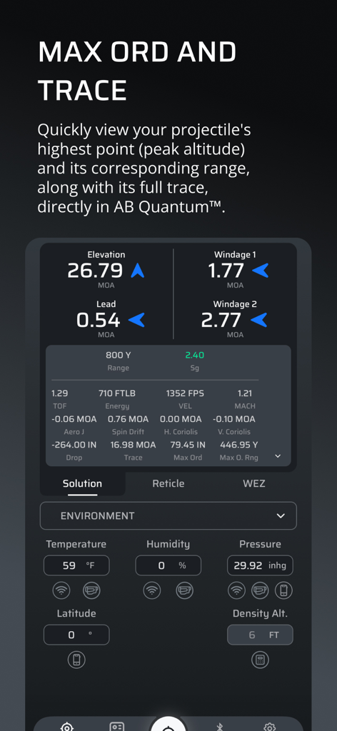 AB Quantumモバイルアプリインターフェースに、仰角、風速、弾道トレースの詳細を含む長距離弾道計算ソリューションデータが表示されている
