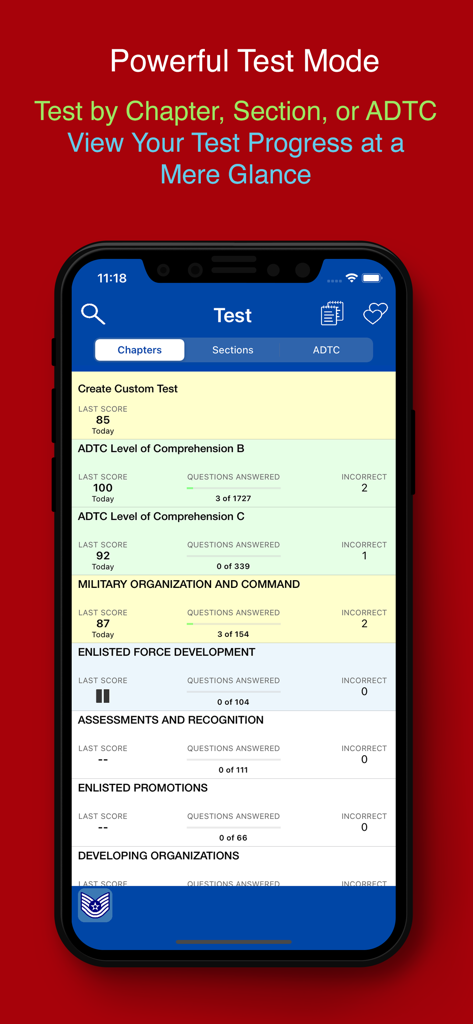PDG PROmote 2025+ - Écran de progression du mode test de l'application PDG PROmote 2025 montrant les progrès d'étude et les scores par chapitre et section