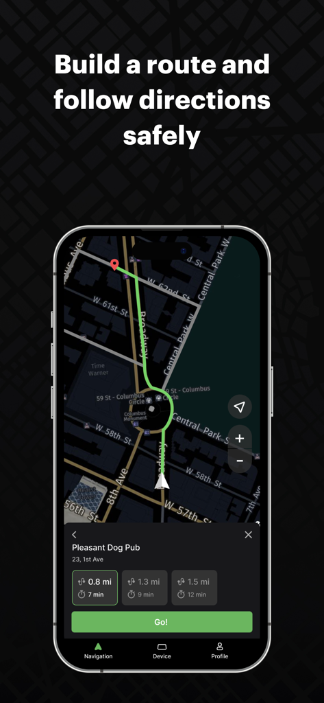 HUDWAY Drive: HUD for any car - HUDWAY Drive app interface showing route planning and navigation options on a dark city map.