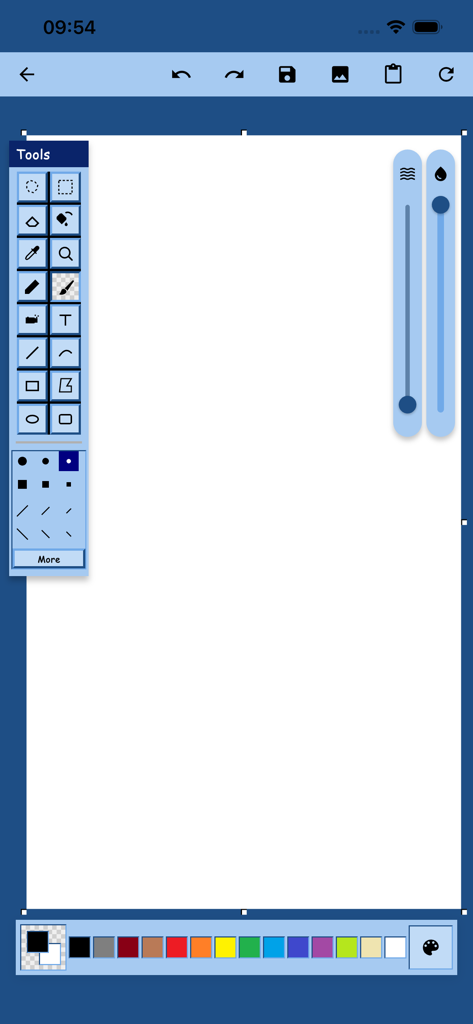 Ms Paint - Ms Paint 모바일 앱 인터페이스에 클래식 그림 도구와 흰색 캔버스의 색상 팔레트가 표시됨