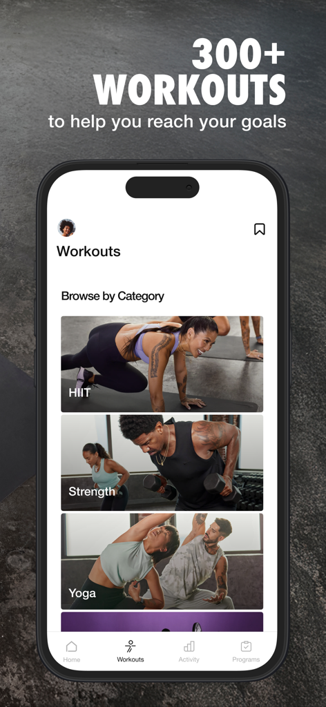 Nike Training Club app interface showing categories for HIIT Strength and Yoga workouts