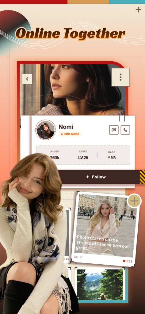 Comfy - Chat - 旅行ガイドのNomiという名前のプロフィール、旅行の写真と統計情報が表示されているComfyアプリの画面。