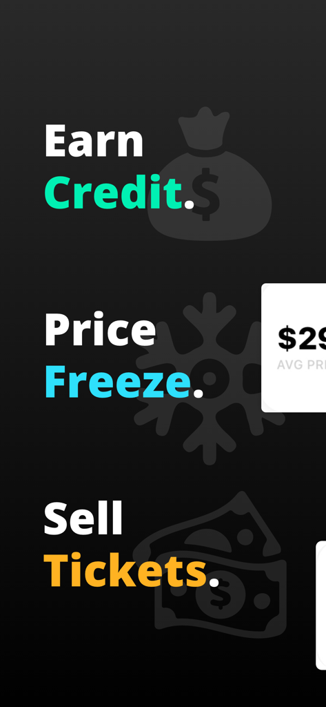 TickPick: No Fee Tickets - TickPick mobile app screen displaying options to Earn Credit Price Freeze and Sell Tickets