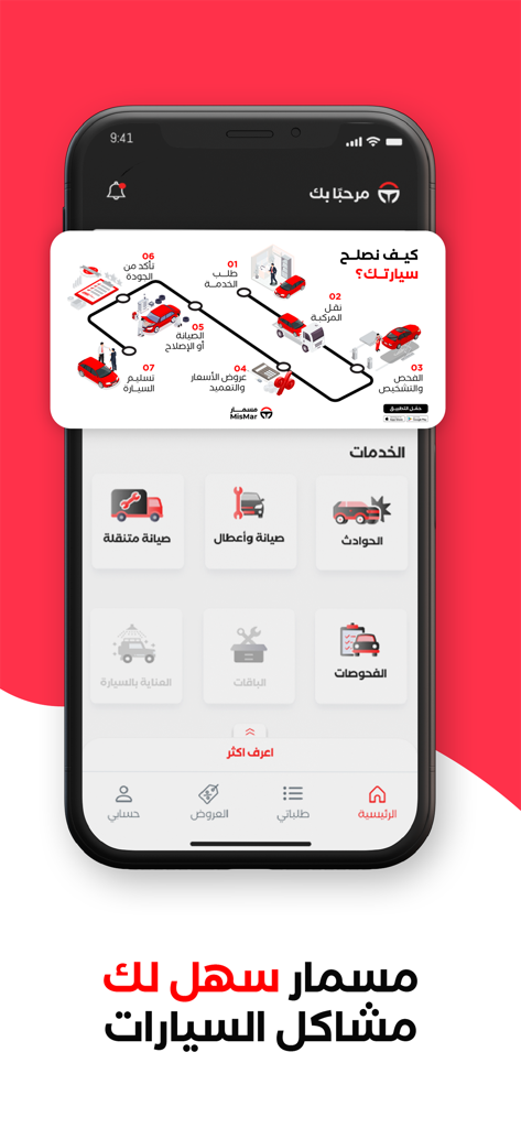 MisMar mobile app dashboard featuring car repair and maintenance services on a smartphone screen.