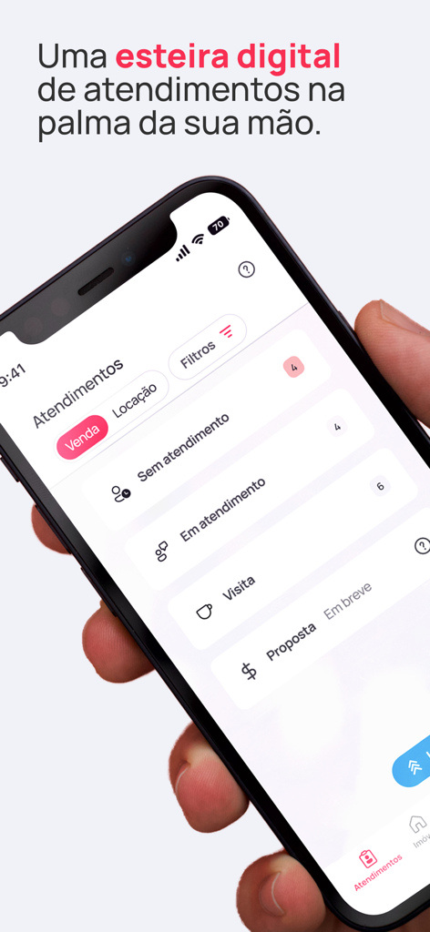 Kenlo Imob - Interface do CRM imobiliário Kenlo Imob em uma tela de iPhone mostrando categorias de atendimento de leads como vendas e aluguéis.
