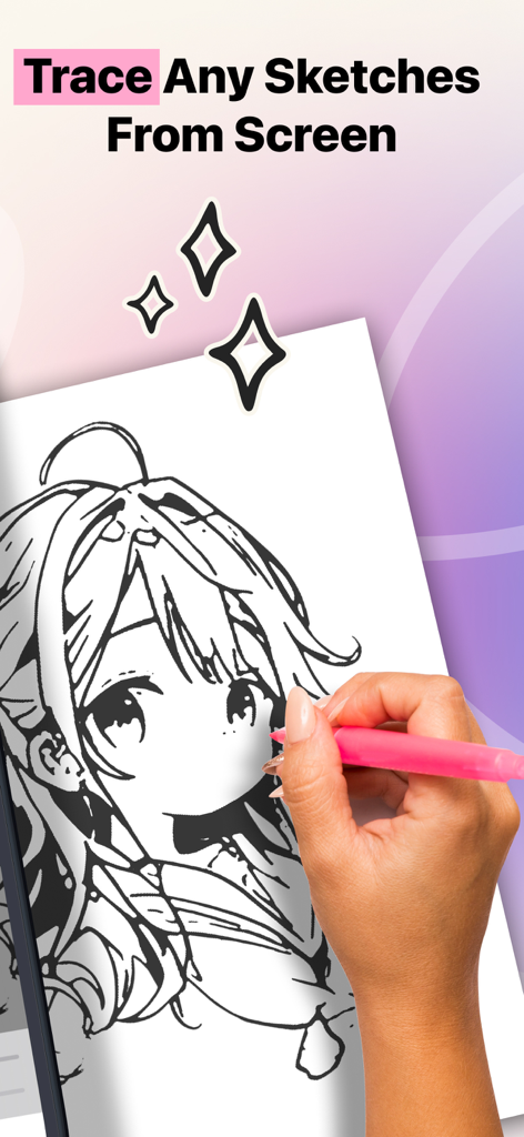 AR Drawing: Sketch Paint Trace - Main traçant un croquis d'anime à partir d'un écran de téléphone sur du papier à l'aide d'un stylo rose.