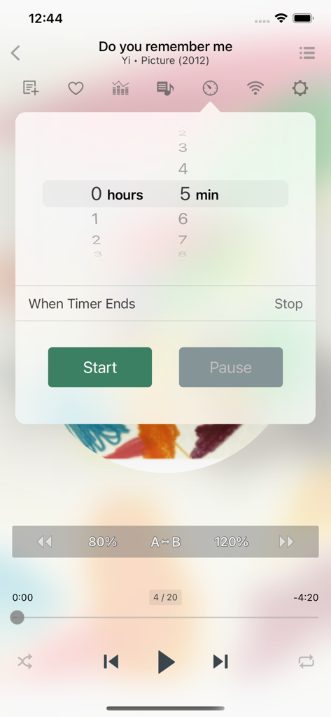 Sleep timer interface in jetAudio app showing a five minute countdown for music playback