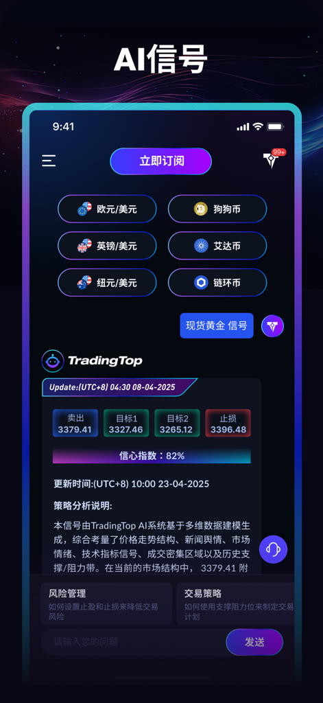 TradingTop app interface displaying AI driven trading signals for gold and forex with a confidence index