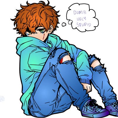 a male hoddie ripped jeans messy hair anime