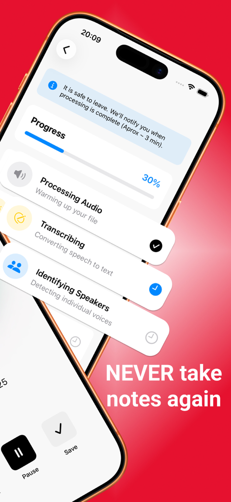 Nemo: AI Note Taker - Nemo AI Note Taker app displaying the audio transcription and speaker identification progress screen.