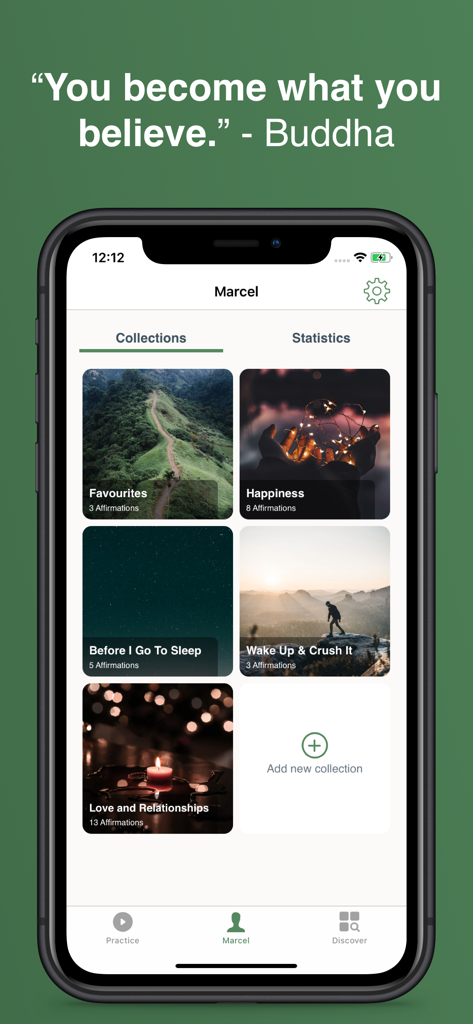 MindGarden: Daily Affirmations - Panel de la aplicación MindGarden mostrando categorías de afirmaciones como Felicidad y Despierta y Triunfa
