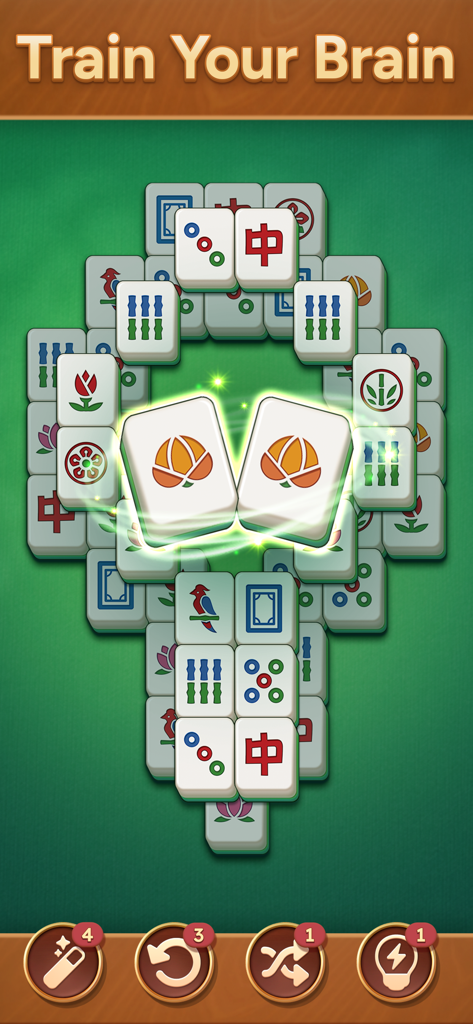 Mahjong Bloom - Captura de pantalla del juego Mahjong Bloom con un rompecabezas de emparejamiento de losetas y el texto Entrena tu cerebro.
