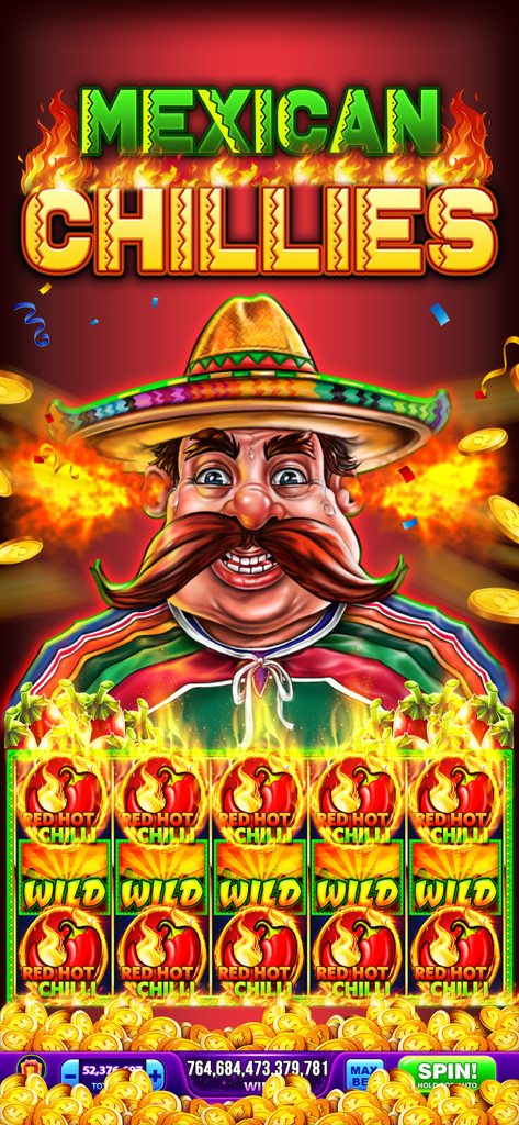 Gold Rich Casino - Vegas Slots - Interfaz de máquina tragaperras Mexican Chillies con altas ganancias y símbolos de chile ardiente.