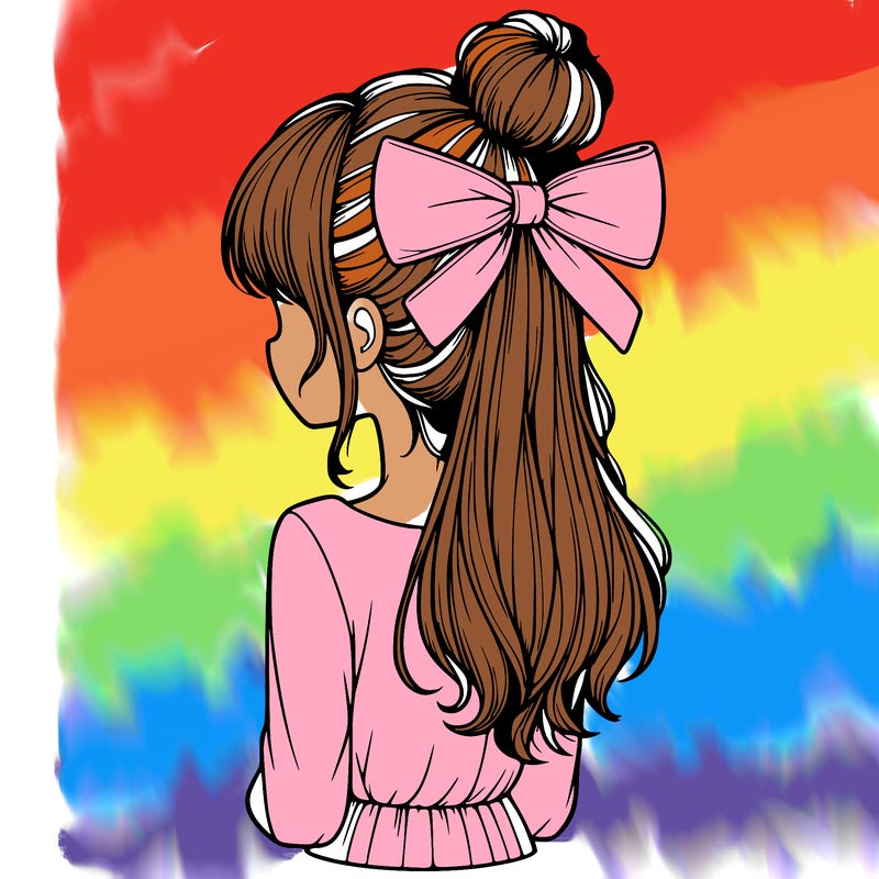 realistic girl  with hip length hair a bun and a big bow on the back of head