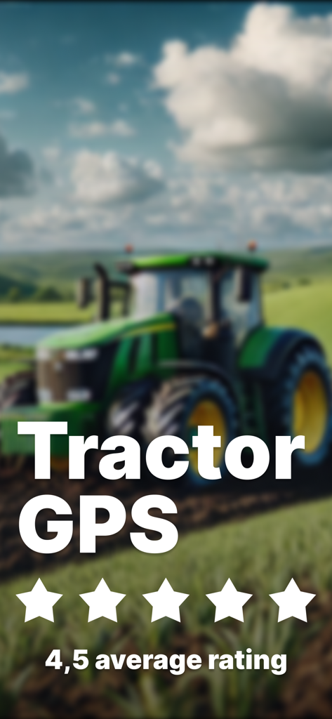 Tela promocional do aplicativo GPS para Trator com classificação média de 4,5 e um trator em um campo
