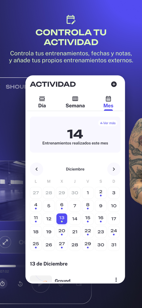 Silverback Training app activity screen showing a monthly workout calendar and training statistics
