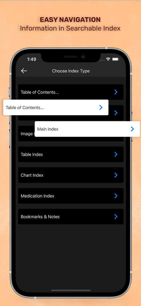 El menú de navegación de la aplicación Guía de Laboratorio y Pruebas Diagnósticas que muestra tipos de índice buscables como Tabla de Contenidos e Índice de Medicamentos.