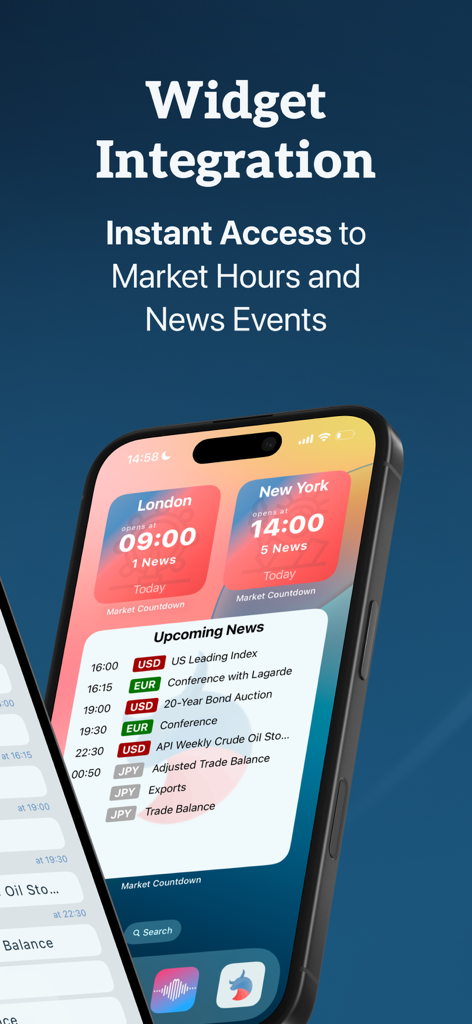 Market Countdown Times & News - iPhone screen displaying market session countdown widgets for London and New York with upcoming economic news list