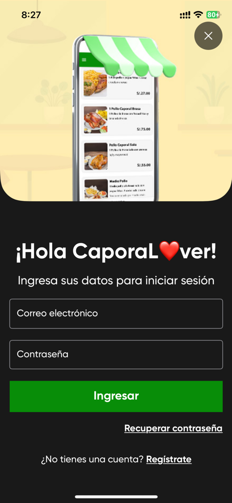 Caporal - Caporalフード注文アプリのログイン画面。メールアドレスとパスワードの入力フィールドがあります。
