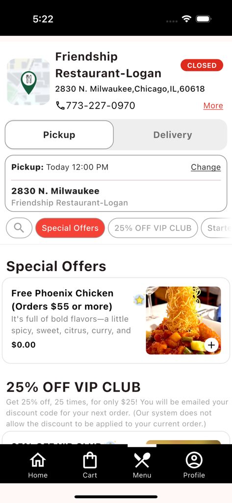 Friendship Restaurant - Schermata principale dell'app mobile Friendship Restaurant che mostra offerte speciali e sconti fedeltà per clienti a Chicago