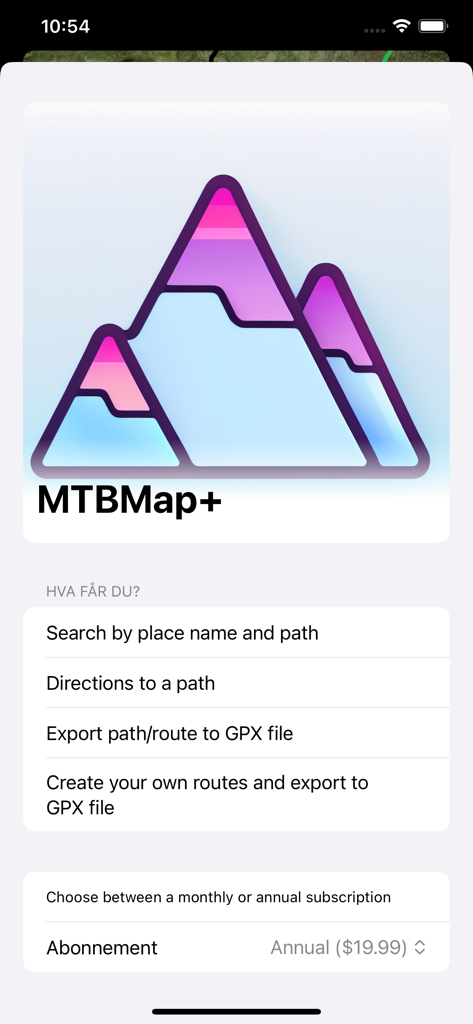 Pantalla de suscripción de MTBMap+ que muestra funciones premium como exportación de GPX y creación de rutas.