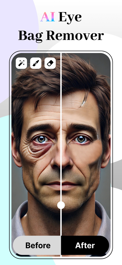 A split screen showing a portrait before and after using the AI eye bag remover tool