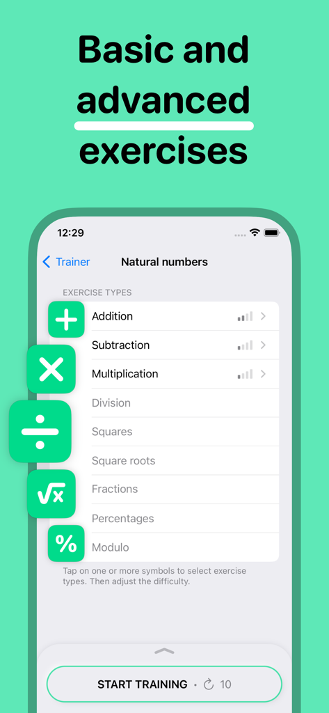 Mental Math Practice: FastMath - FastMath app interface showing a list of mental math exercise types including addition subtraction multiplication and square roots