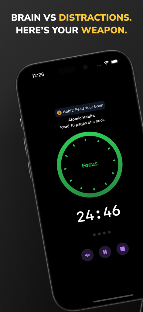 Habit Tracker - Mindle - Mindle Habit Tracker App-Oberfläche, die einen grünen runden Pomodoro-Fokus-Timer für eine Lesegewohnheit zeigt