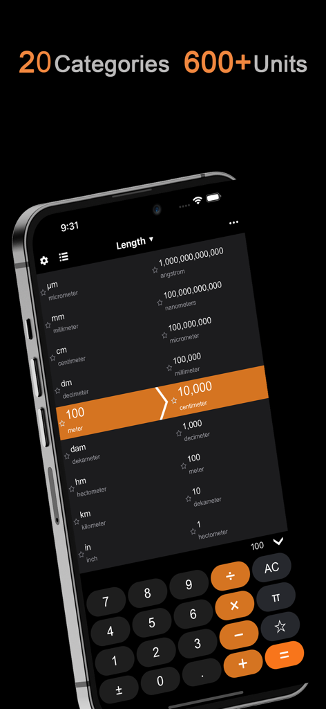 DayCalc - Note Calculator - DayCalc app unit converter interface showing length conversion from meters to centimeters