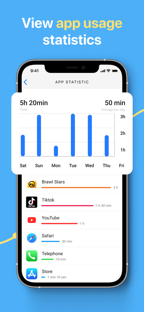 Pantalla de la aplicación mSpy Lite que muestra el tiempo de pantalla y las estadísticas de uso de aplicaciones individuales