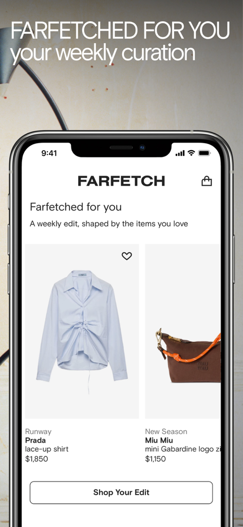 Farfetch-App-Bildschirm, der eine personalisierte wöchentliche Auswahl an Luxusmodeartikeln zeigt