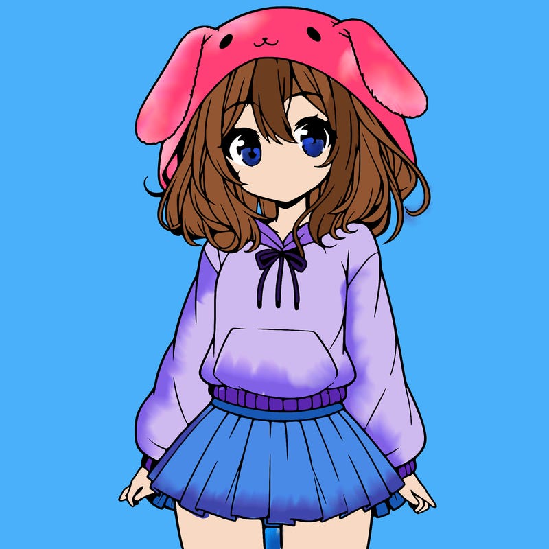 pretty anime girl wearing a fluffy hoodie with bunny ears on the hood and a skirt