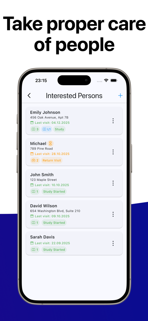 Ministry Assistant 2 - Lista de personas interesadas y estudiantes de la Biblia con direcciones y estado de visitas en la aplicación Ministry Assistant 2.