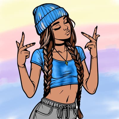 realistic teenage girl with braids and a beanie and crop top doing 🫶🏼