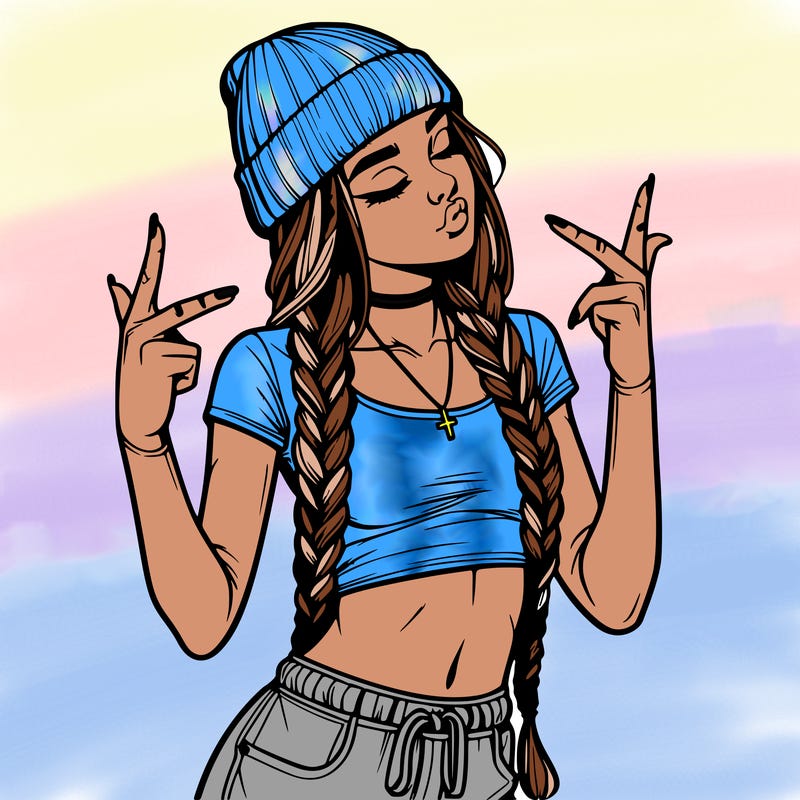 realistic teenage girl with braids and a beanie and crop top doing 🫶🏼