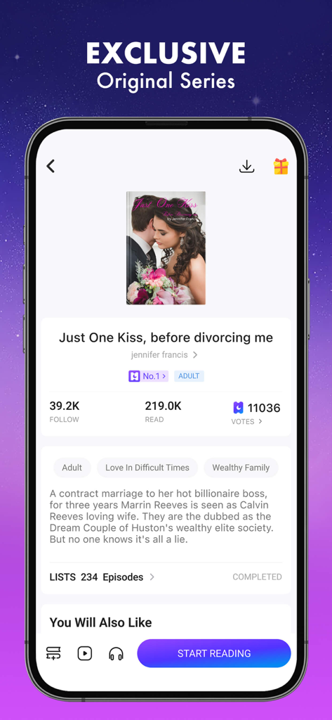 Dreame app screenshot showing details for an exclusive romance novel featuring billionaire and contract marriage tropes