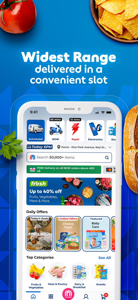 MAF Carrefour app home screen featuring grocery categories and fast delivery options