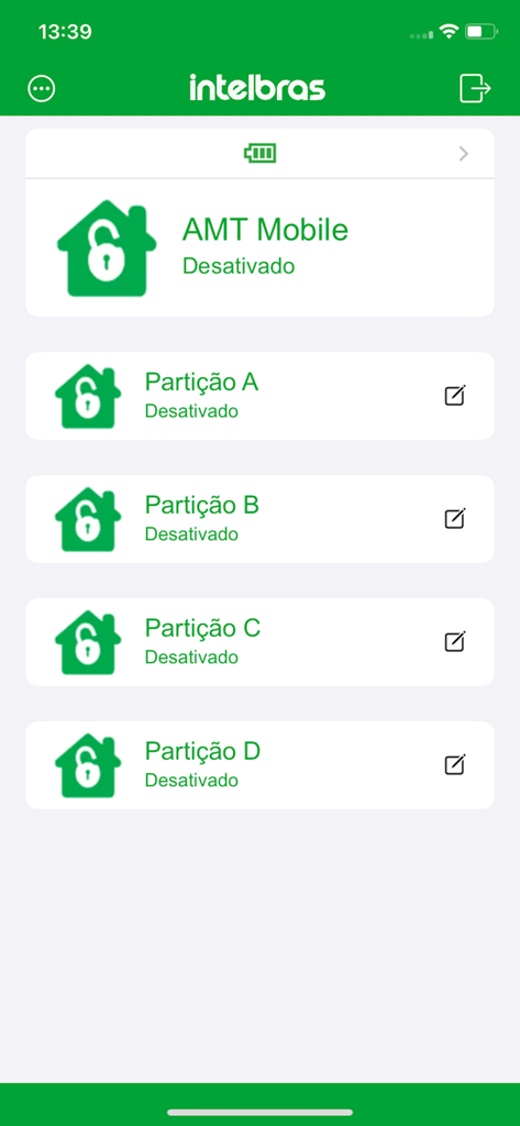 Interfaz de la aplicación AMT Mobile V3 que muestra las particiones de la alarma de seguridad y su estado desactivado