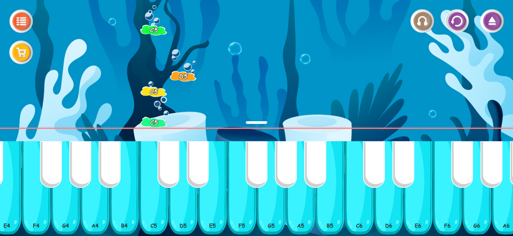 Piano Flow - Music Game - A virtual piano keyboard with falling note bubbles against a blue underwater background.