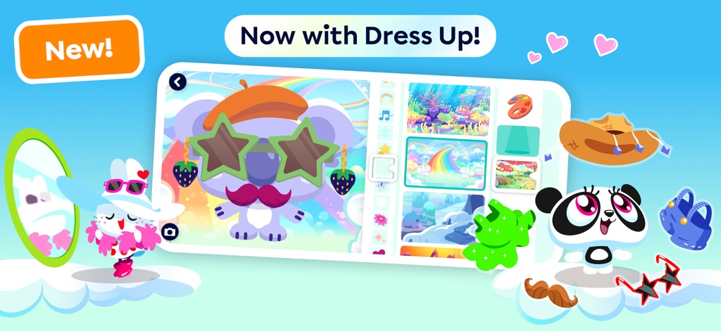 Moshi Play: Games for Kids - カラフルなキャラクターと様々なアクセサリーが登場する、新しい着せ替えゲームを紹介するMoshi Playアプリのスクリーンショット。