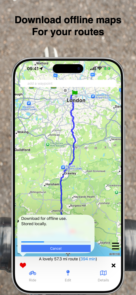 CycleMaps - CycleMaps app interface showing a long distance cycling route and the option to download maps for offline use