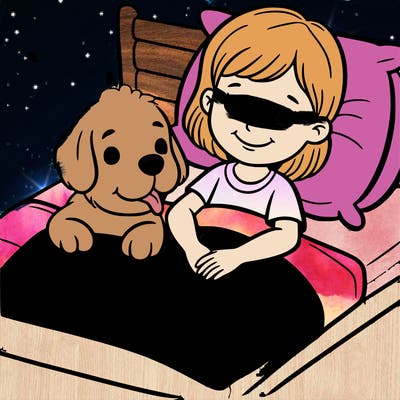 girl and dog laying in bed