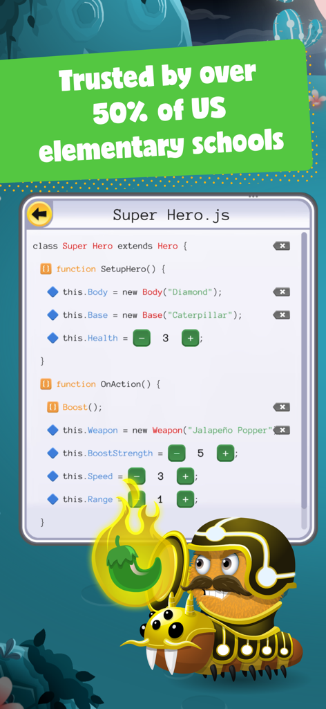 Bug World by Kodable - JavaScript coding interface in Bug World by Kodable showing object-oriented programming for a superhero character.