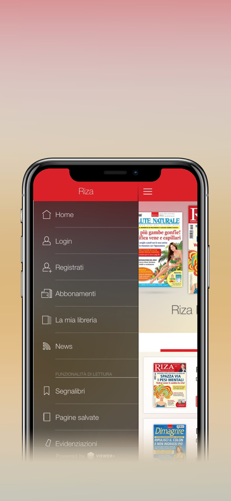 Riza - The navigation menu of the Riza wellness app displaying digital magazine subscriptions and health categories.