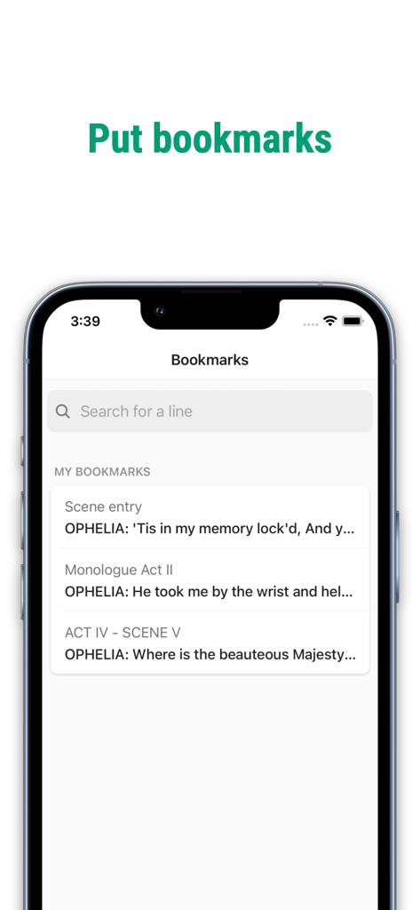 Imparato - Theatre - Mobile app interface of Imparato showing script bookmarks for an actor rehearsing Ophelia's lines