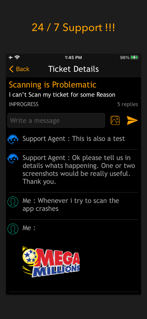 A mobile app interface showing a 24/7 customer support chat for troubleshooting lottery ticket scanning