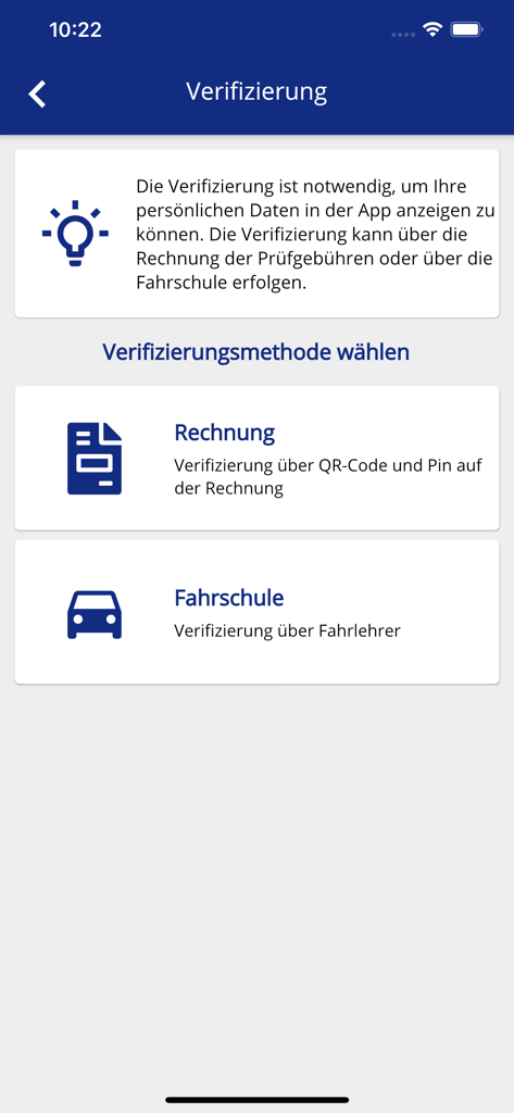 Fahrschüler-App - Verification selection screen in the Fahrschueler app with options to verify via invoice or driving school instructor