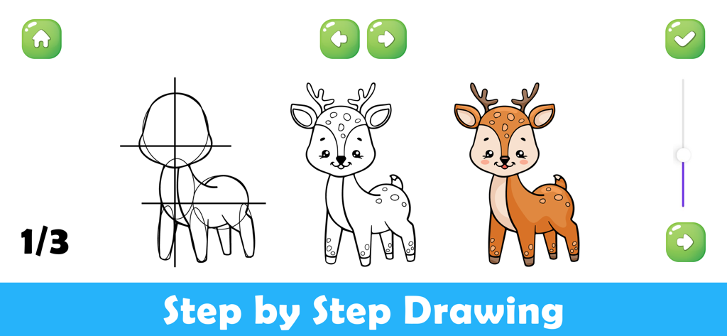 A step-by-step drawing tutorial of a cute cartoon deer in a children's educational app